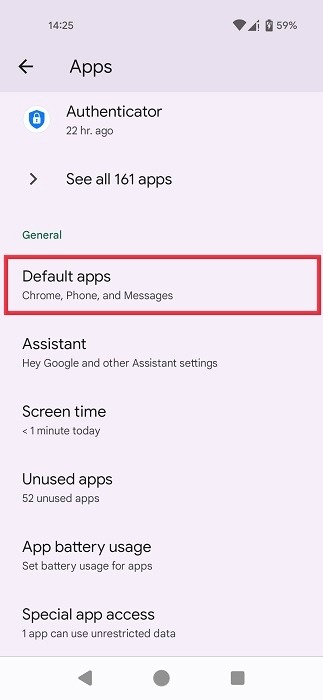 Selecting "Default apps" in Android Settings. 