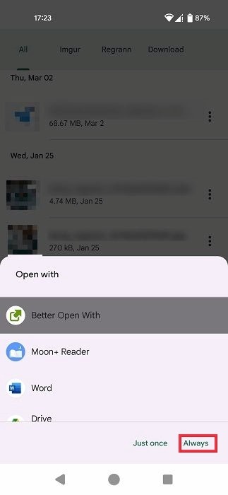 Opting to open file with Better Open With app. 