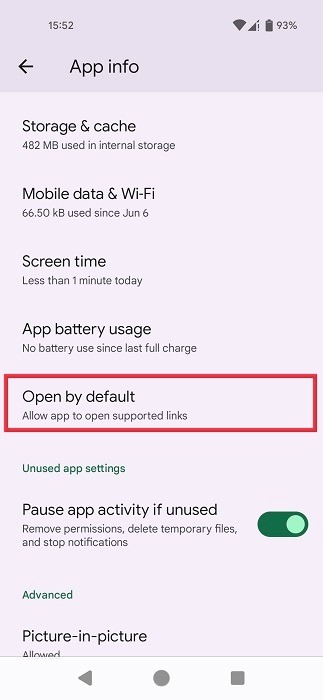 Tapping "Open by default" option for app in Android Settings.