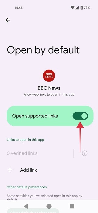 Enabling "Open supported links" for app in Android Settings.