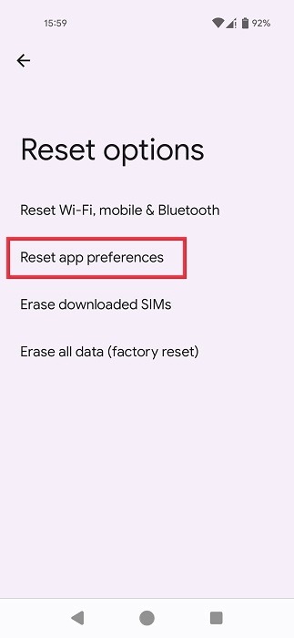 Selecting "Reset app preferences" option in Reset options. 