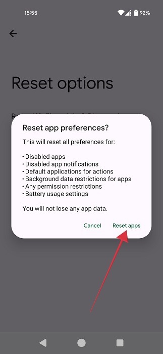 Tapping "Reset apps" in pop-up via Android Settings. 
