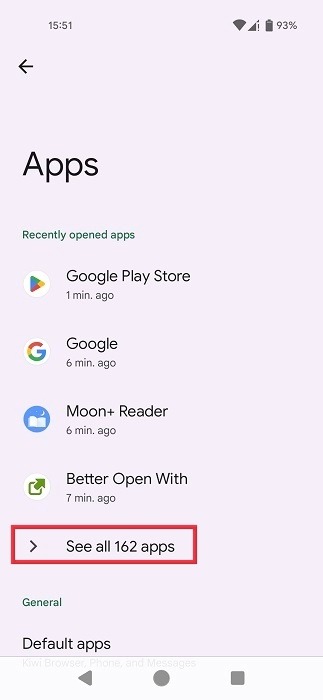 Tapping on "See all apps" button under Apps in Android Settings.
