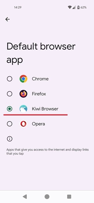 Selecting another default browser on Android. 
