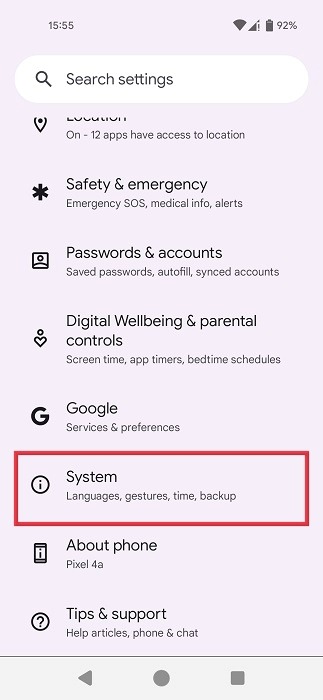 Tapping on "System" in Android Settings.