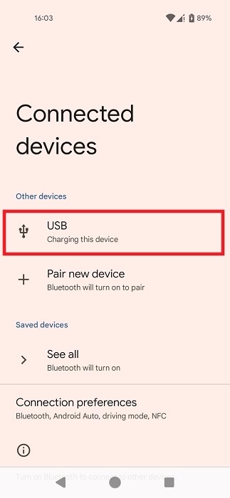 Selecting "USB" under "Connected devices" in Android Settings.