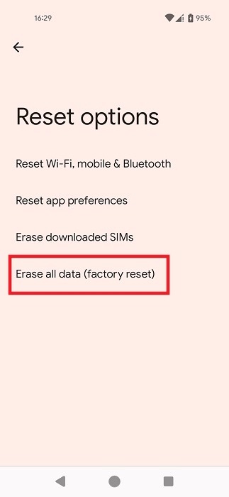 Selecting "Erase all data (factory reset) in Android Settings.