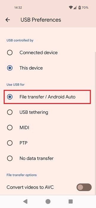 Changing USB preference to "File transfer" by tapping on "Charging this device via USB" notification.