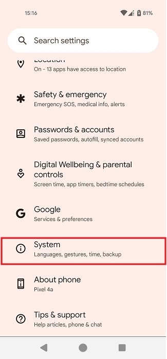 Navigating to System in Android Settings.
