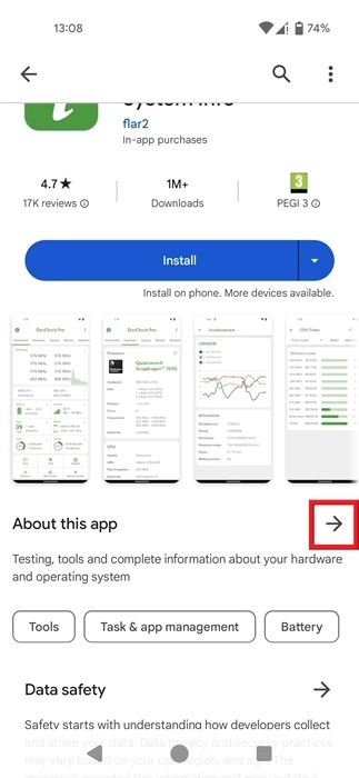 Tapping on arrow in "About this app" section in Google Play Store.