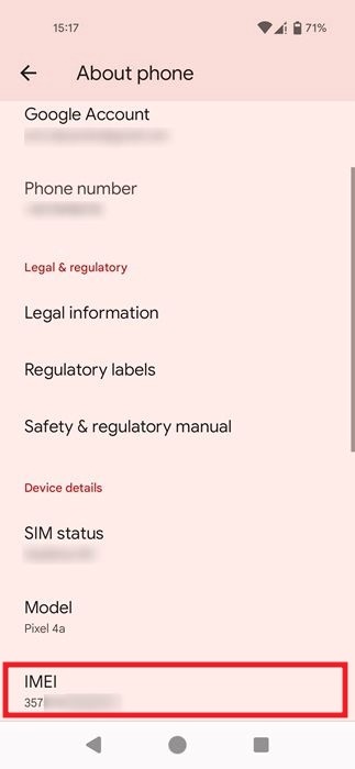 Phone IMEI number in view in Android Settings.