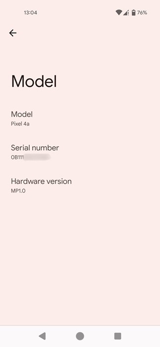 Phone model details in Android Settings.