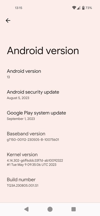 Android version details view.