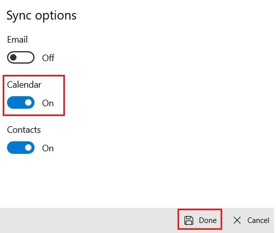 Enabling Calendar toggle in "Sync options" section.