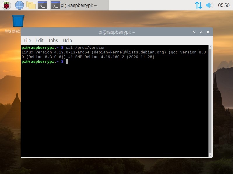 Raspberry Pi desktop screenshot showing a terminal window