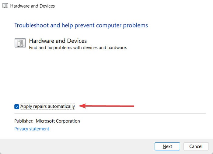 Clicking on "Apply repairs automatically" under Advanced in Hardware and Devices troubleshooter.