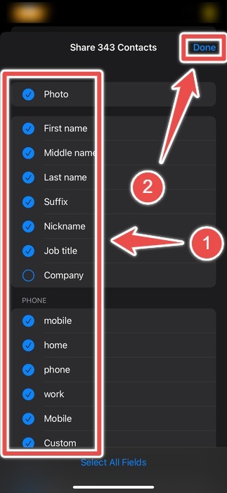 Choosing Info To Share When Sharing A Contacts List On Iphone