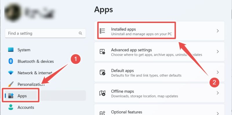 Navigating to "Installed Apps" in the Windows Settings app. 