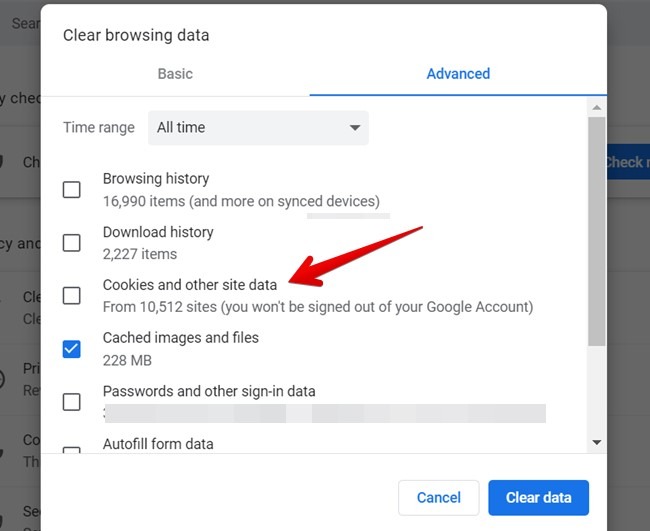 Clearing "cookies and other side data" in Chrome browser.