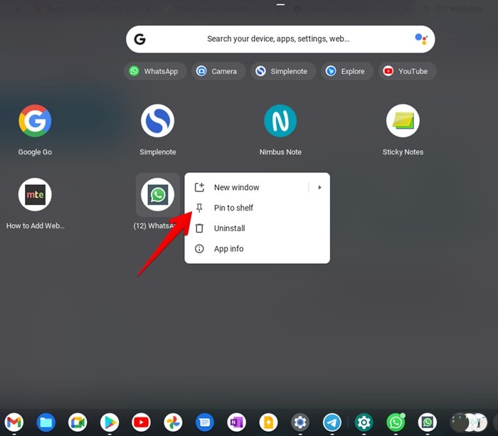 Chromebook Chrome Whatsapp Shortcut Pin