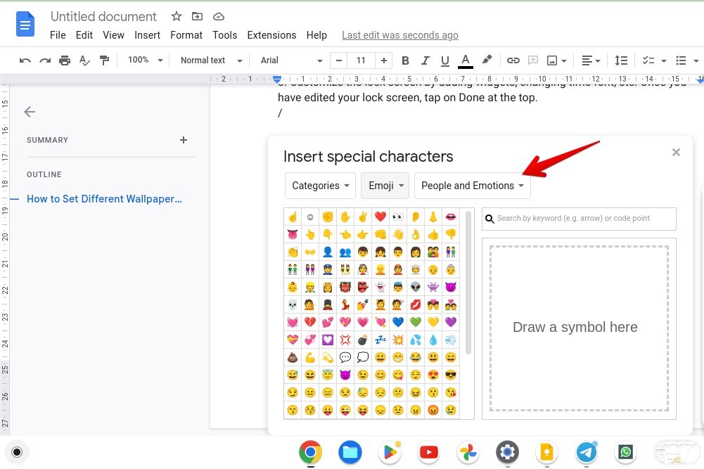 Selecting emoji category in Google Docs.