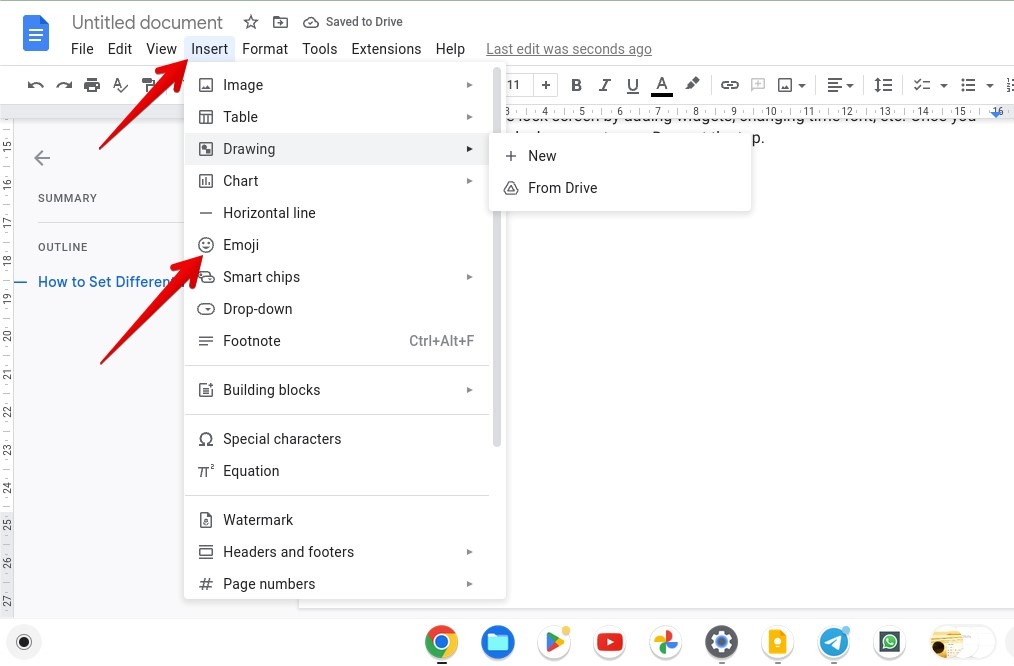 Inserting and emoji via options in Google Docs.