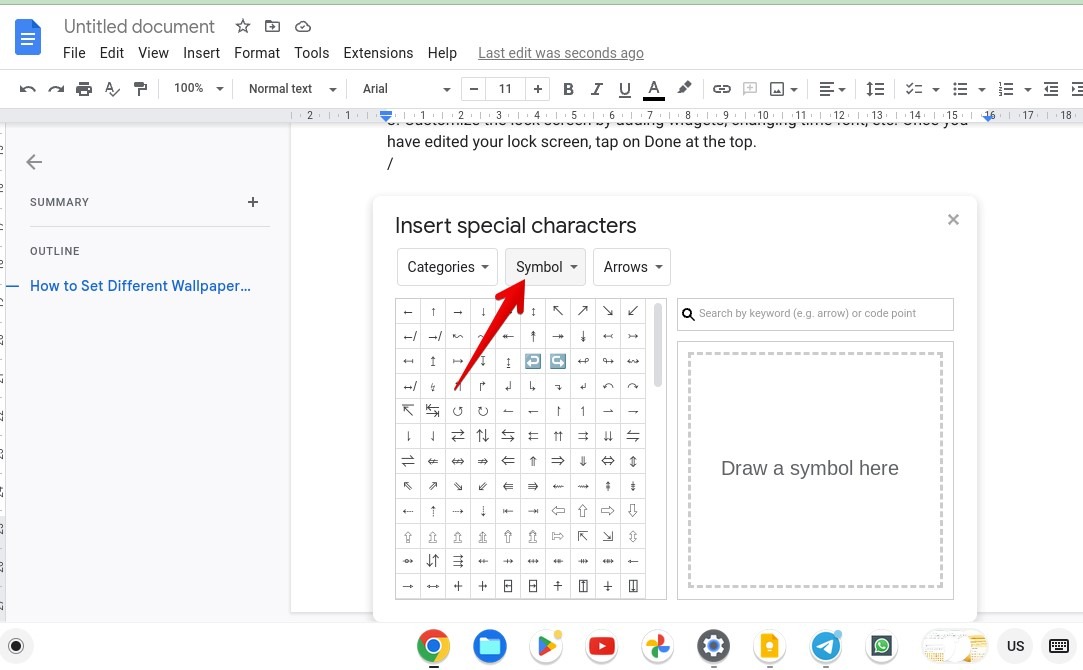 Selecting "Symbol" menu in Google Docs.