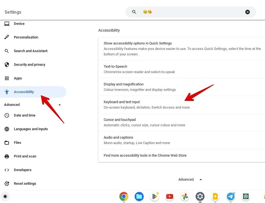 "Keyboard and text input' option under Accessibility on Chromebook. 