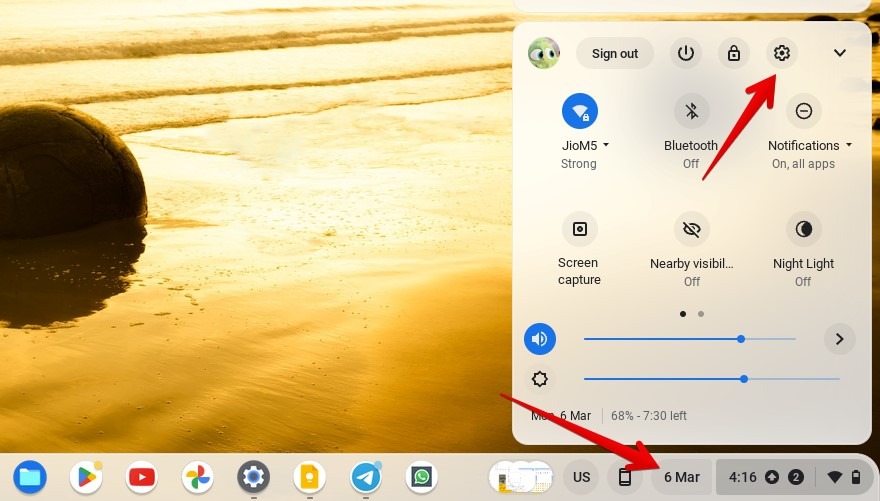 Clicking on Settings icon on Chromebook. 