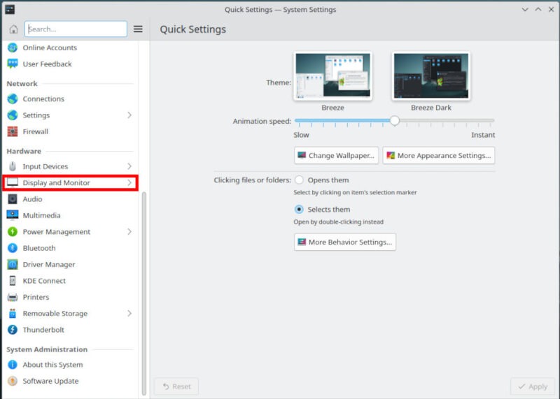 A screenshot highlighting the "Display and Monitor" option in the KDE settings window.