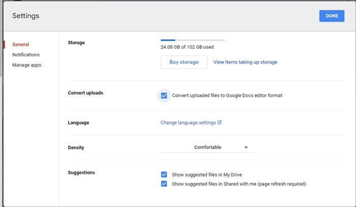 Change Google Docs settings to automatically convert Word files to Google Docs.