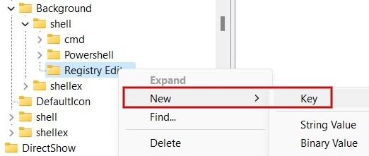 Creating a new key in Registry Editor. 