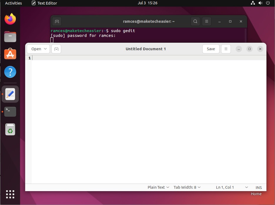 A screenshot of the Ubuntu desktop running a superuser session of gedit.