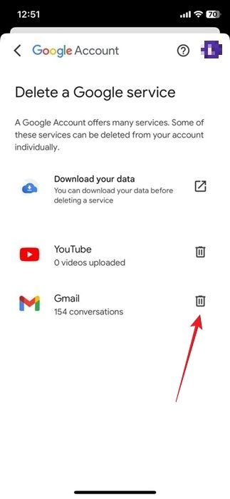 Tapping on trash button next to Gmail in Gmail iOS app. 