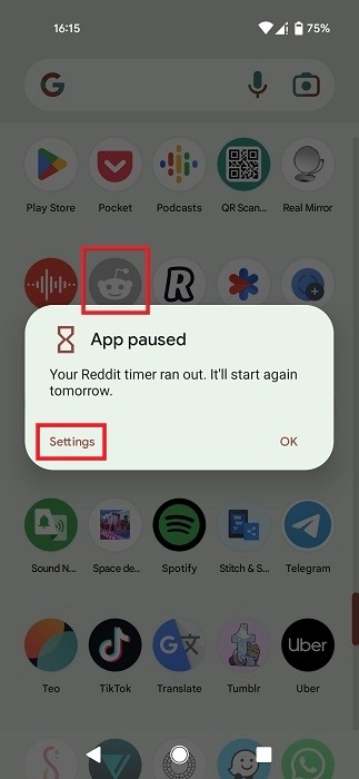 "App paused" pop-up in app drawer with "Settings" button visible. 