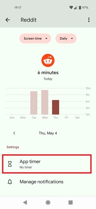 Clicking on "App timer" option under app dashboard in Digital Wellbeing.