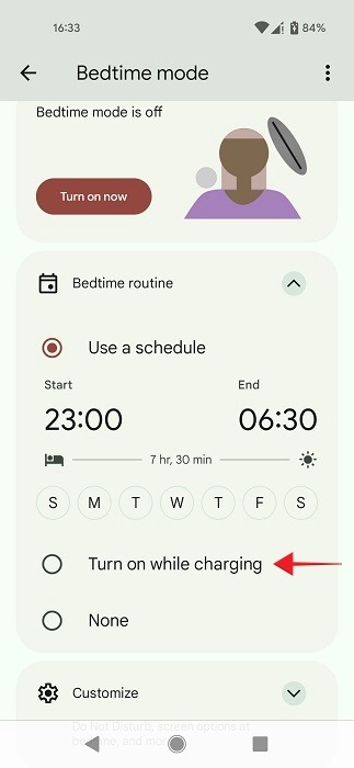Setting up a Bedtime routine in Digital Wellbeing. 