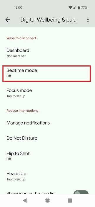 Turning "Bedtime mode" on via Digital Wellbeing. 