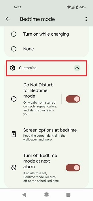 "Customize" options under Bedtime Mode in Digital Wellbeing. 