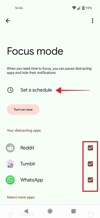 "Set a schedule" in Focus mode in Digital Wellbeing. 