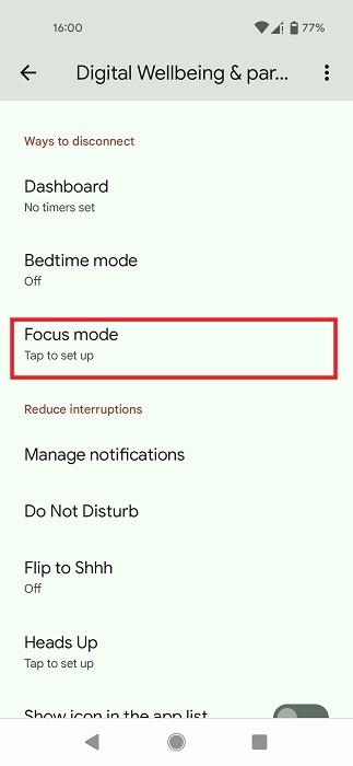 Tapping on "Focus mode" in Digital Wellbeing. 