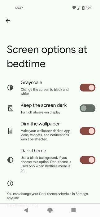 "Screen options at bedtime" view in Digital Wellbeing section. 