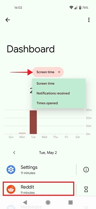 Checking the apps with the most screen time in Digital Wellbeing. 