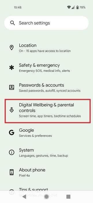 Clicking on "Digital Wellbeing & parental controls" in the Settings app. 