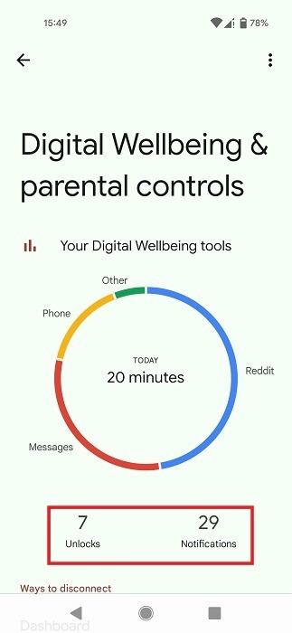 Digital Wellbeing pie chart with app usage visible. 