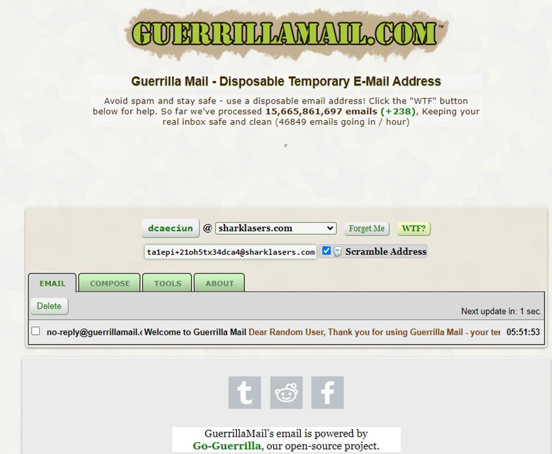 GuerrillaMail's main page for creating a throwaway email.