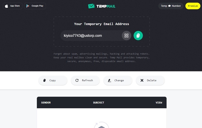 TempMail's temporary email address generator.
