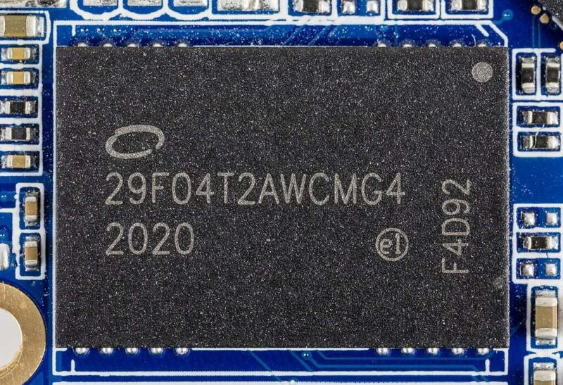 Close up of a computer chip on an NVMe SSD