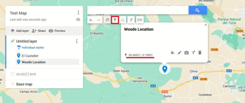 Pressing on Marker button to add custom location in Google My Maps.