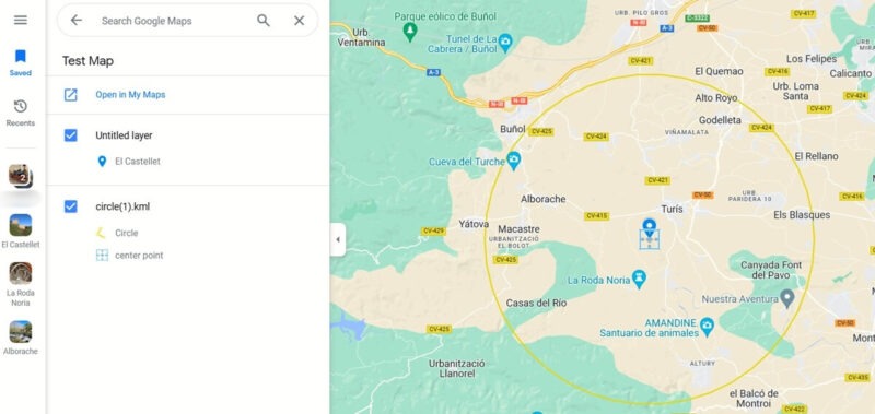 Radius map view in Google Maps app for PC.